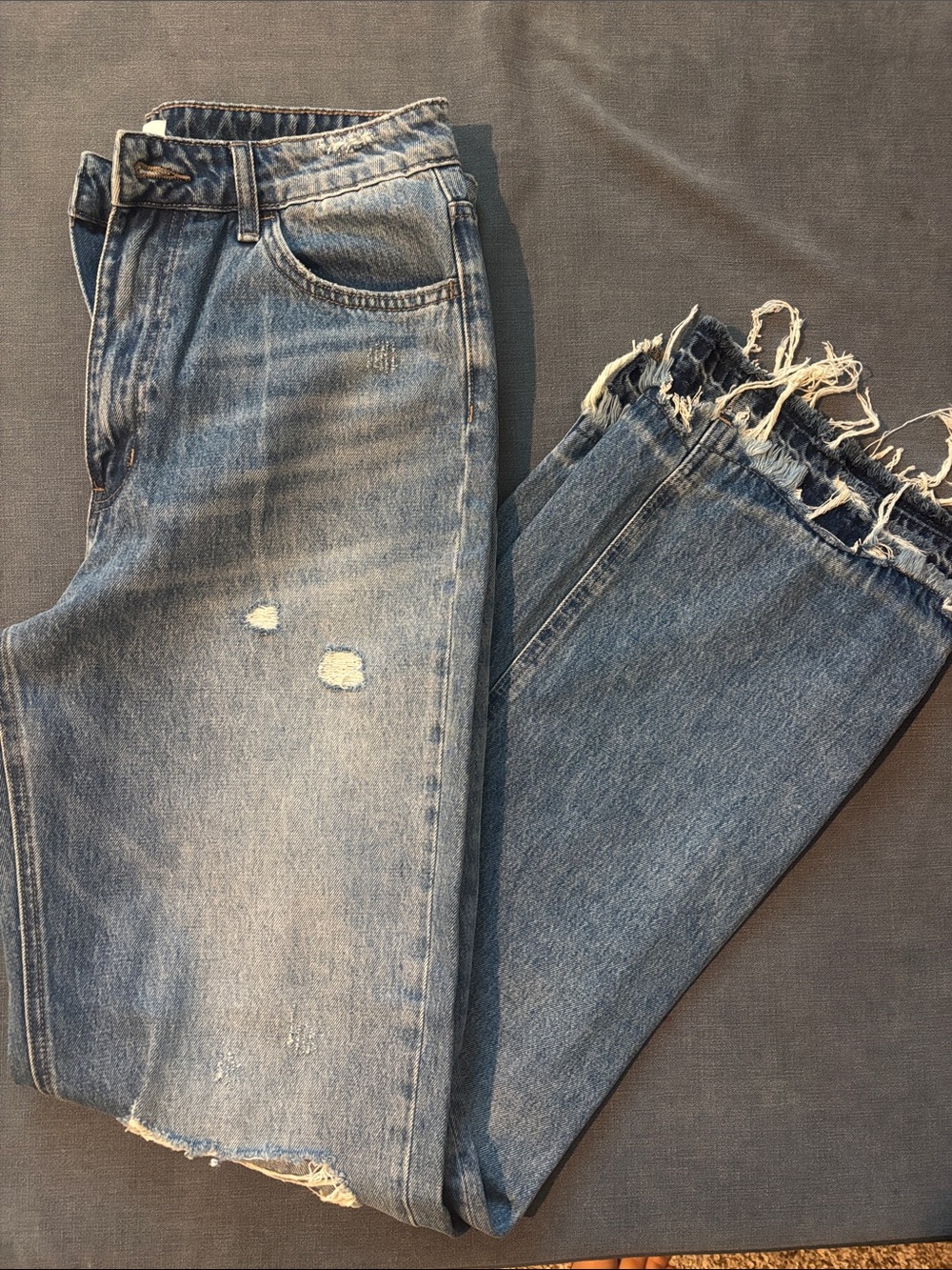 Straight-Leg Distressed Denim Jeans — Blue
